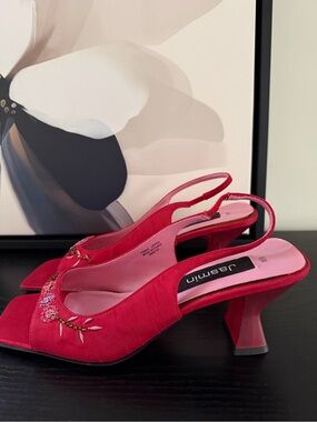 Vintage Jasmin Red Embroidered and Beaded Square Toe and Heel Shoes